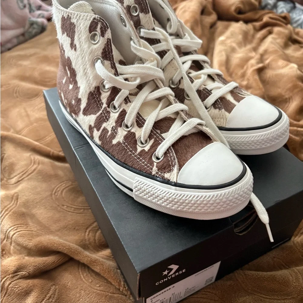 Converse High Top Sneakers in Brown and Cream Cow Print - Picture 1 of 7